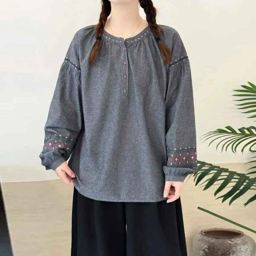 

Japanese Vintage Mori Girl Ethnic Style Embroidery Chic Cotton Shirts Women Autumn Half Open Collar Long Sleeve Casual Blouse
