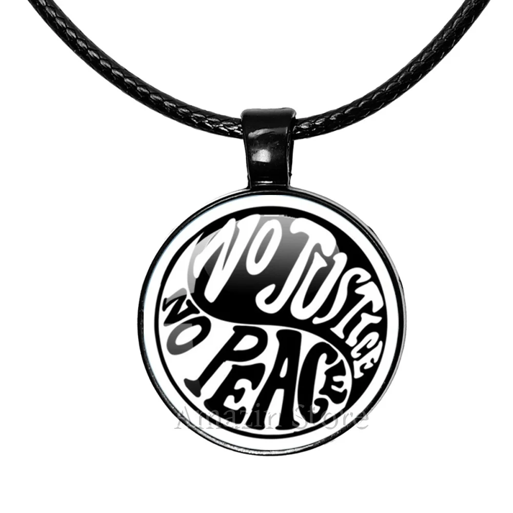 New Style  No Justice No Peace Slogan Glass Handmade 25mm Black Leather Rope Necklace Glass Dome Pendant Gifts JD033