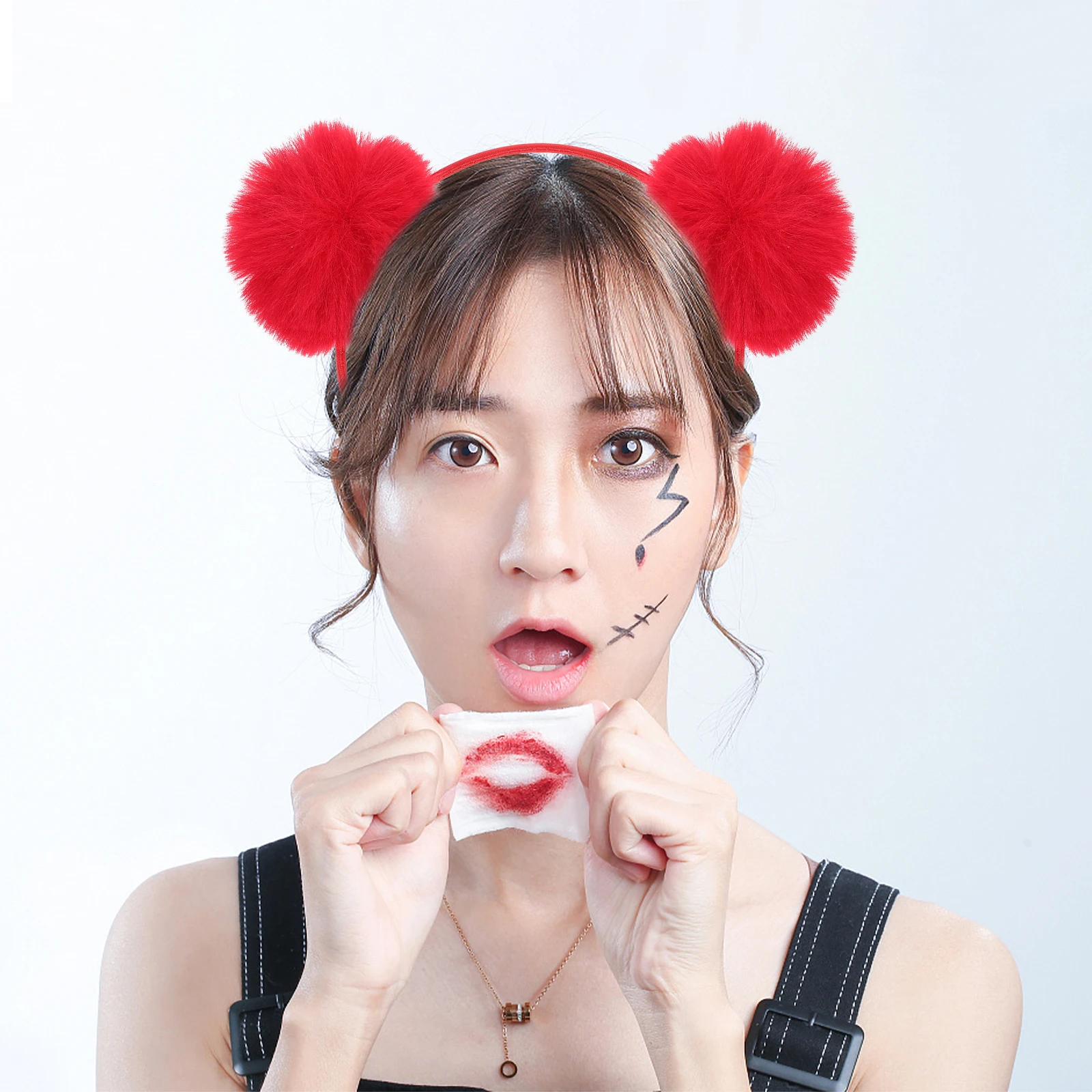 Cat Ears Headband Party Headbands Costume Accessory Pompom Spherical Cute Red Miss