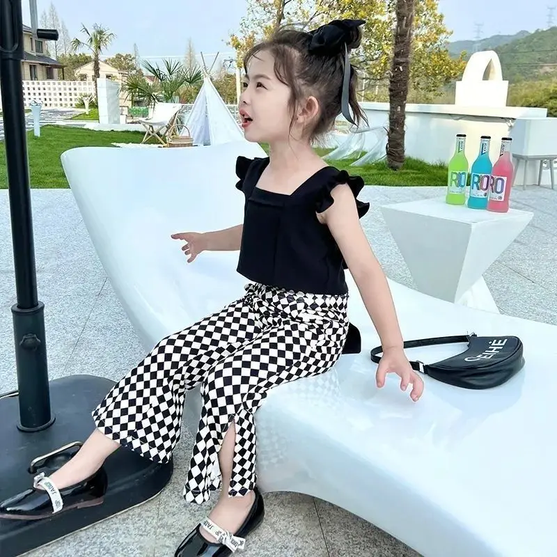 

Summer Kids Clothing Sets Baby Girls Cotton Short Open Back Sleeve + Split Wide Leg Pants Bell-Bottoms Child Suit 2-6 Years Old