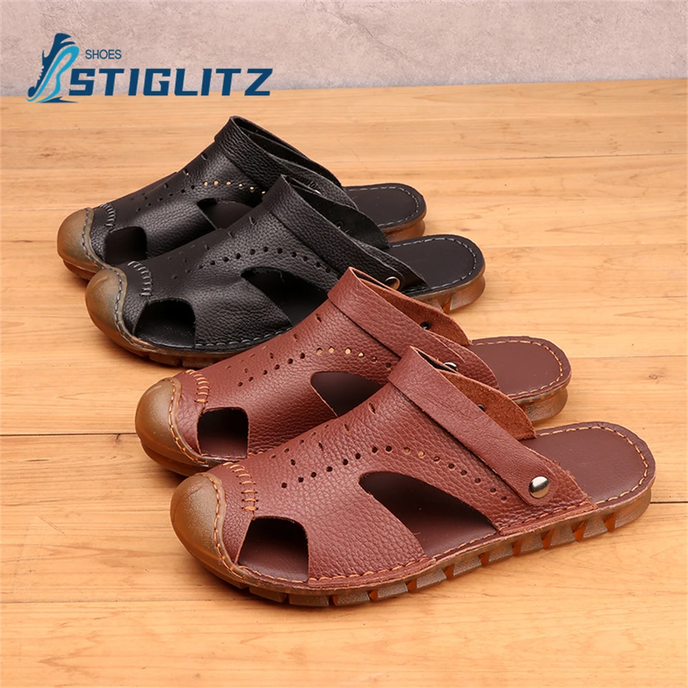 Cutout Flat Genuine Leather Slides Sewing Thread Comfortable Slip On Two Wear Slippers Non-Slip Oxford Soft Sole Men's Sandals