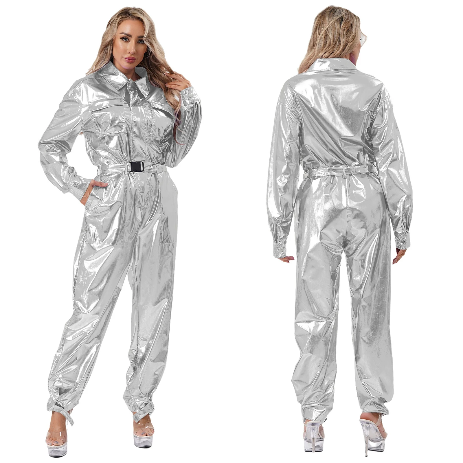 

Women Fashion Silver Metallic Astronaut Outer Space Cosplay Performance Bodysuit with Waistband Halloween Carnival Costumes