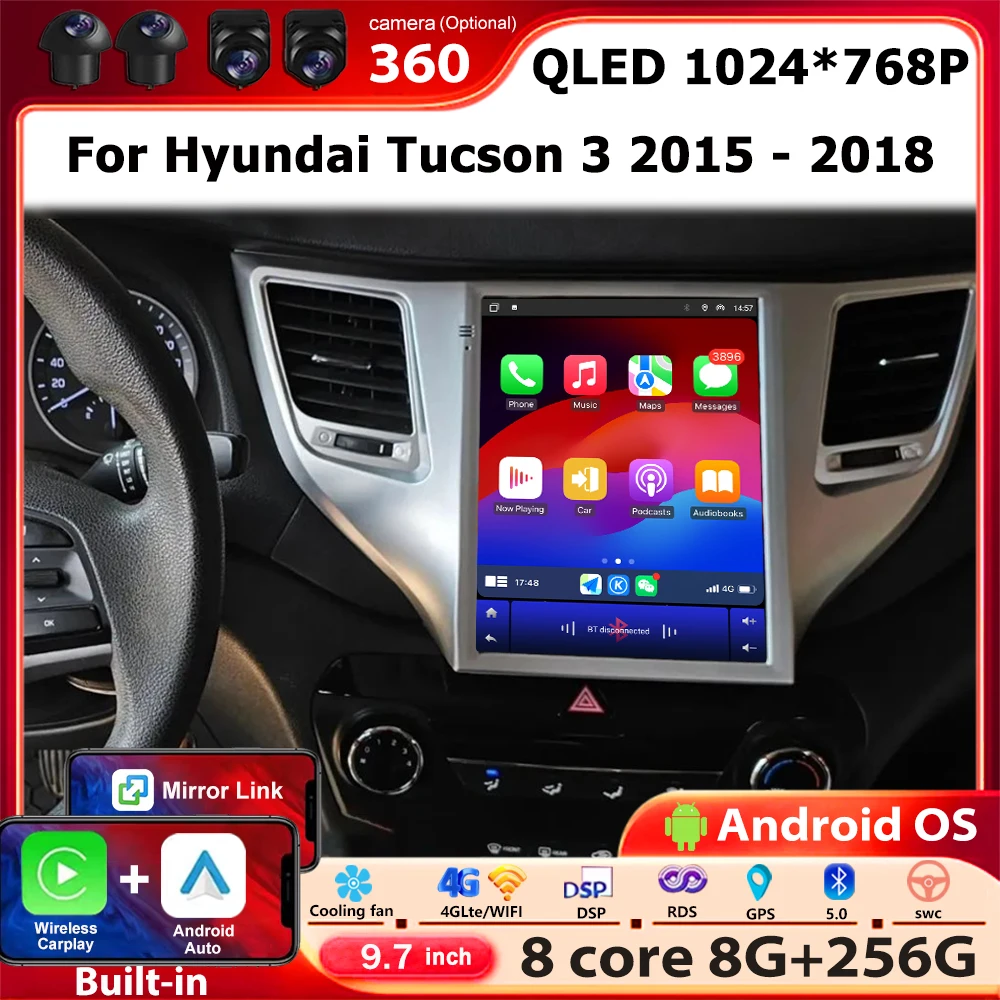 Carplay Android 16 Auto For Hyundai Tucson 3 2015-2018 Car Radio Multimedia Video Player GPS Navigation Stereo Bluetooth 9.7''