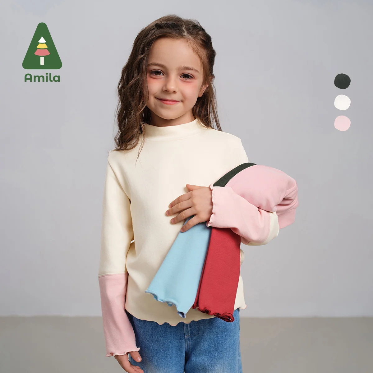 Amila Children's T-Shirt 2024 Autumn New Girls High-Quality Contrast Color Stitching Skin-Friendly Soft Casual Round Neck Top