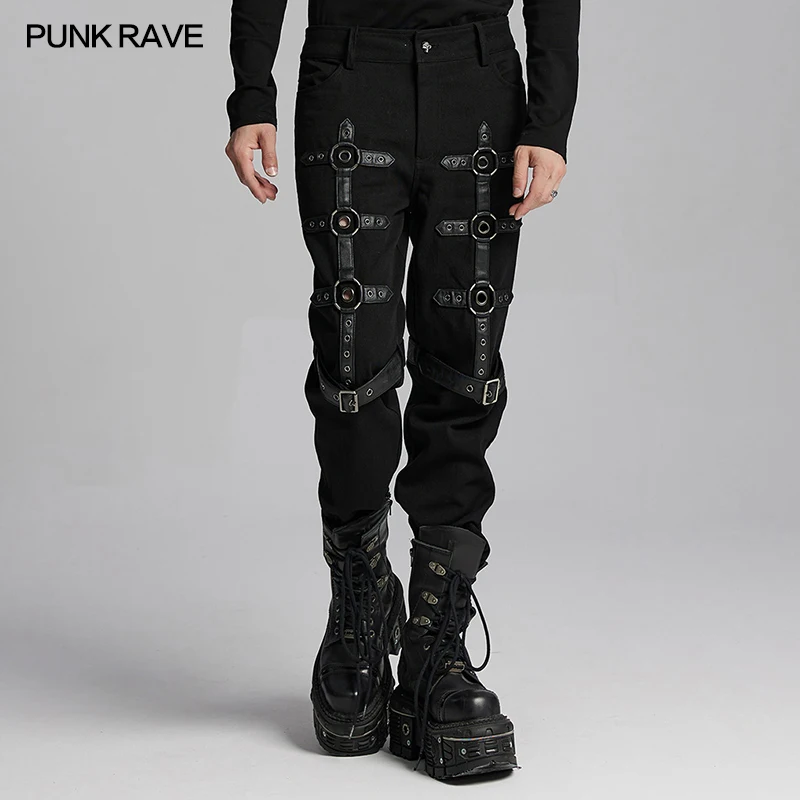 PUNK RAVE Men's Punk Woven Twill Personalized Metal Rings Eyelet Loops Handsome Pants Cool Trousers Streetwear Men Clothing