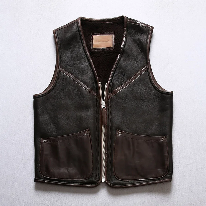 Winter Casual Warmth Shearling Sheepskin Fur Genuine Leather Jackets Men\'s Sleeveless Vest & Waistcoats