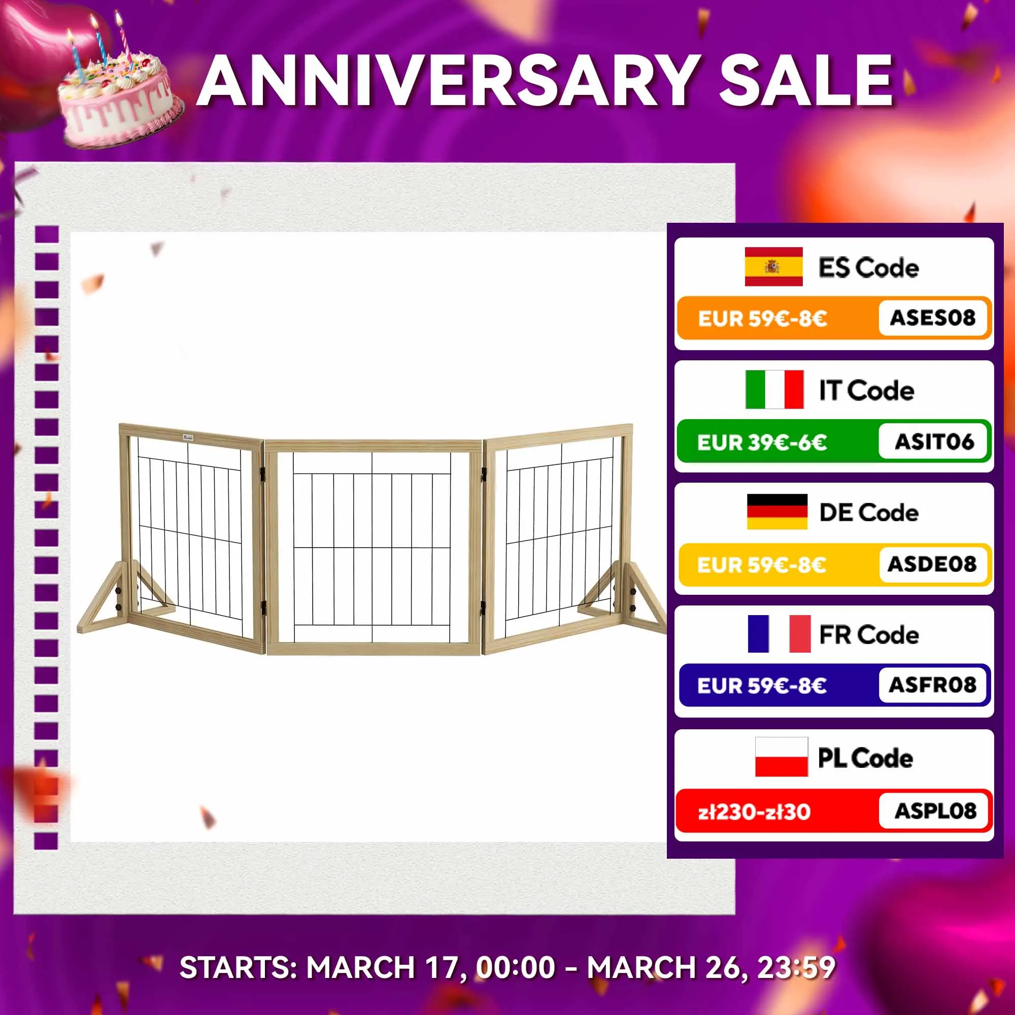 Barriera per cani pieghevole a 3 pannelli PawHut 210x44x70 cm legno naturale