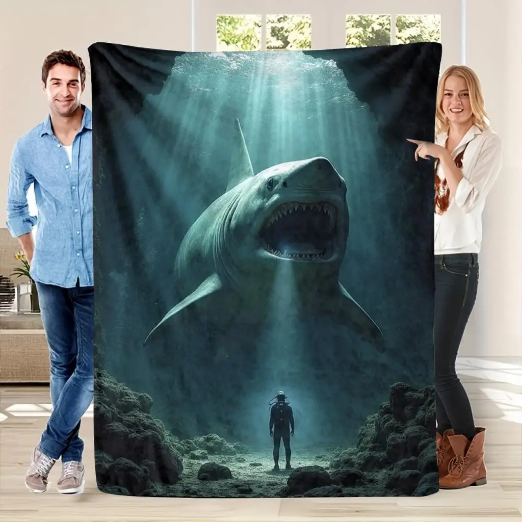 Cinematic Shark Deep Sea Throw Blanket Large Beach Coastal Ocean Art Decor Scary Movie Night Throw 150x200cm