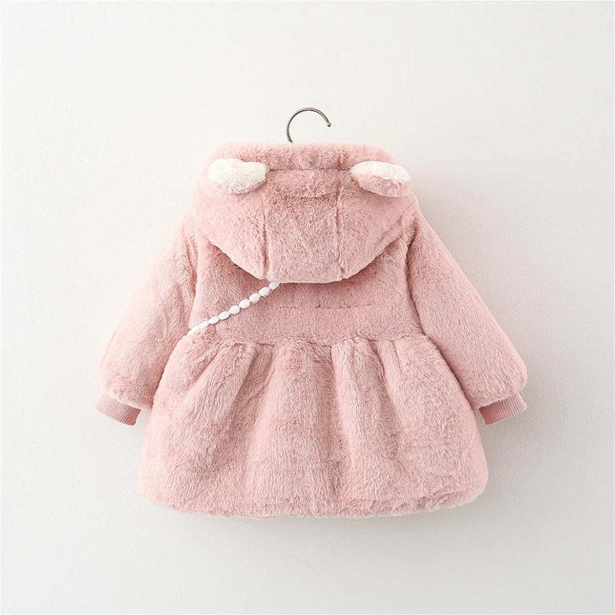 Winter 2-piece/set baby girl jacket bag baby girl cat ear hood zipper solid color woolen cotton jacket