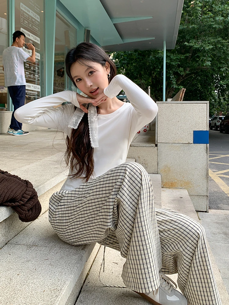 

Женская приталенная футболка с круглым вырезом и длинным рукавом, белая, весенняя новинка, базовая, универсальная, для повседневной носки, корректирующая фигуру