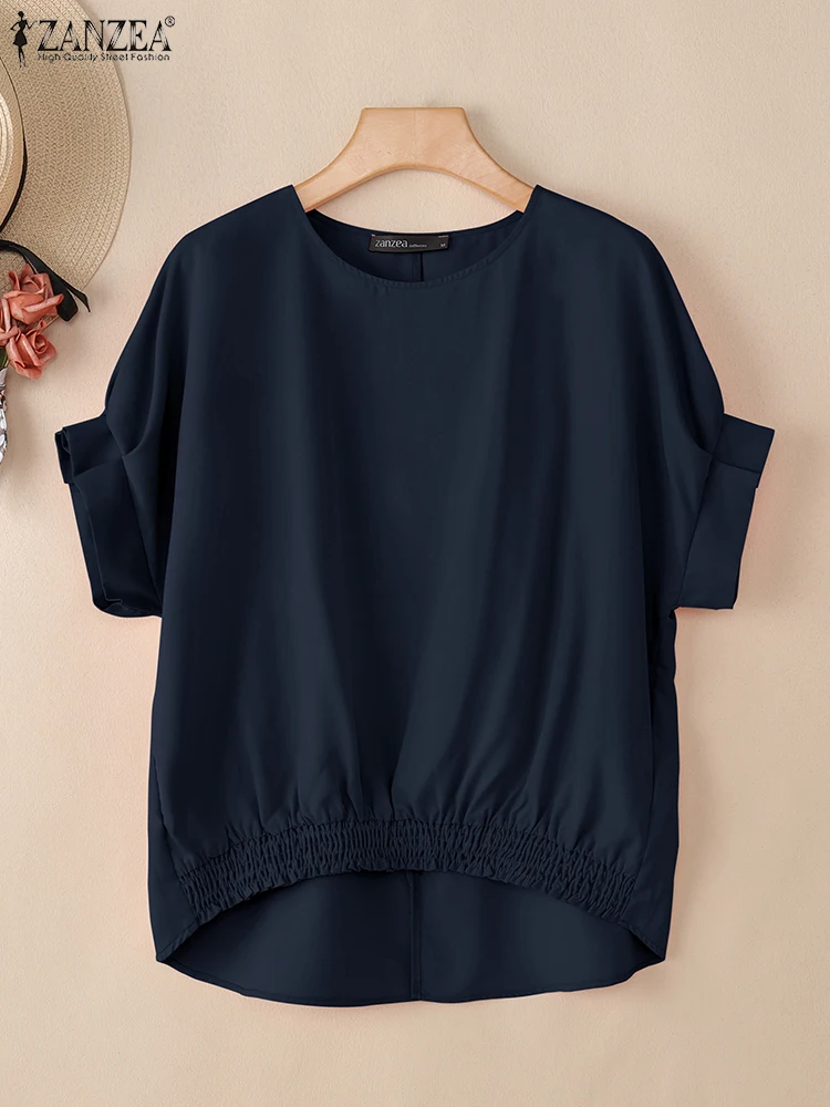 เสื้อเบลาส์แฟชั่นฤดูร้อน ZANZEA 2025 แต่งระบายชายเสื้อ คอทรงโอ แขนสั้น ผ่าหลัง เสื้อผู้หญิงทันสมัย สีพื้น เสื้อท็อปสตรีทแวร์