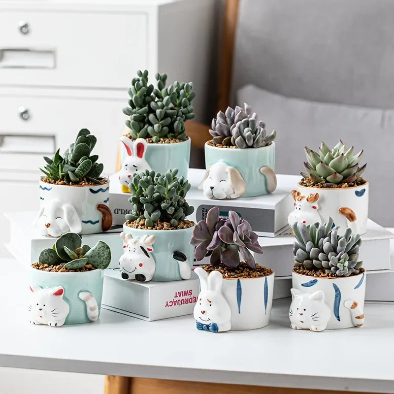 Personalized Celadon Animal Ceramic Flowerpot, Creative Home Decor Plant Pots, Succulent Flowerpot Planters for Indoor Plants