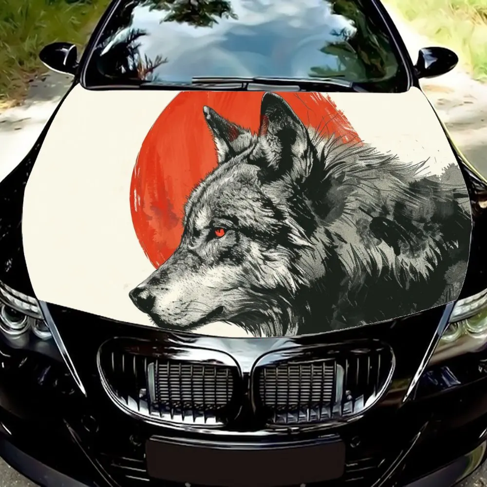 Red Eyed Wolf Revealed Sharp Teeth Car Hood Wrap Color Vinyl Sticker Truck Graphic Bonnet Auto Accessories Decoration Decal Gift