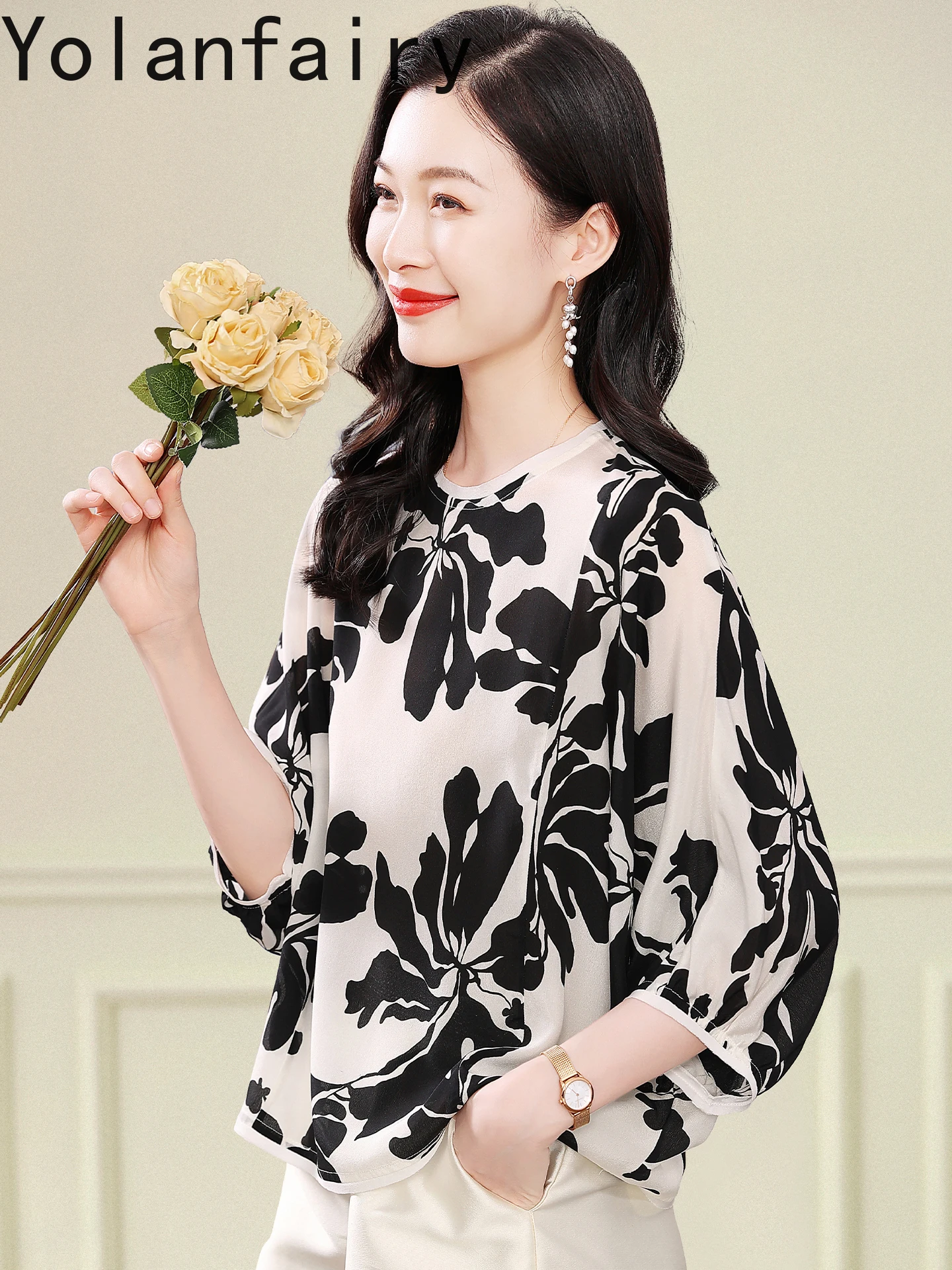 YOLANFAIRY 100% Real Mulberry Silk T Shirt for Women Summer Loose Elegant Printed Tee Shirt Femme Bat Sleeve Ladies Tops Blouses
