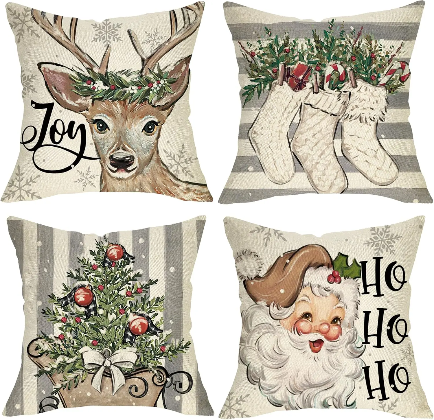 

Christmas Santa Claus Reindeer Throw Pillow Covers 18 x 18 Set of 4 Xmas Tree Winter Holiday Gray Stripes Stocking Porch Outdoor