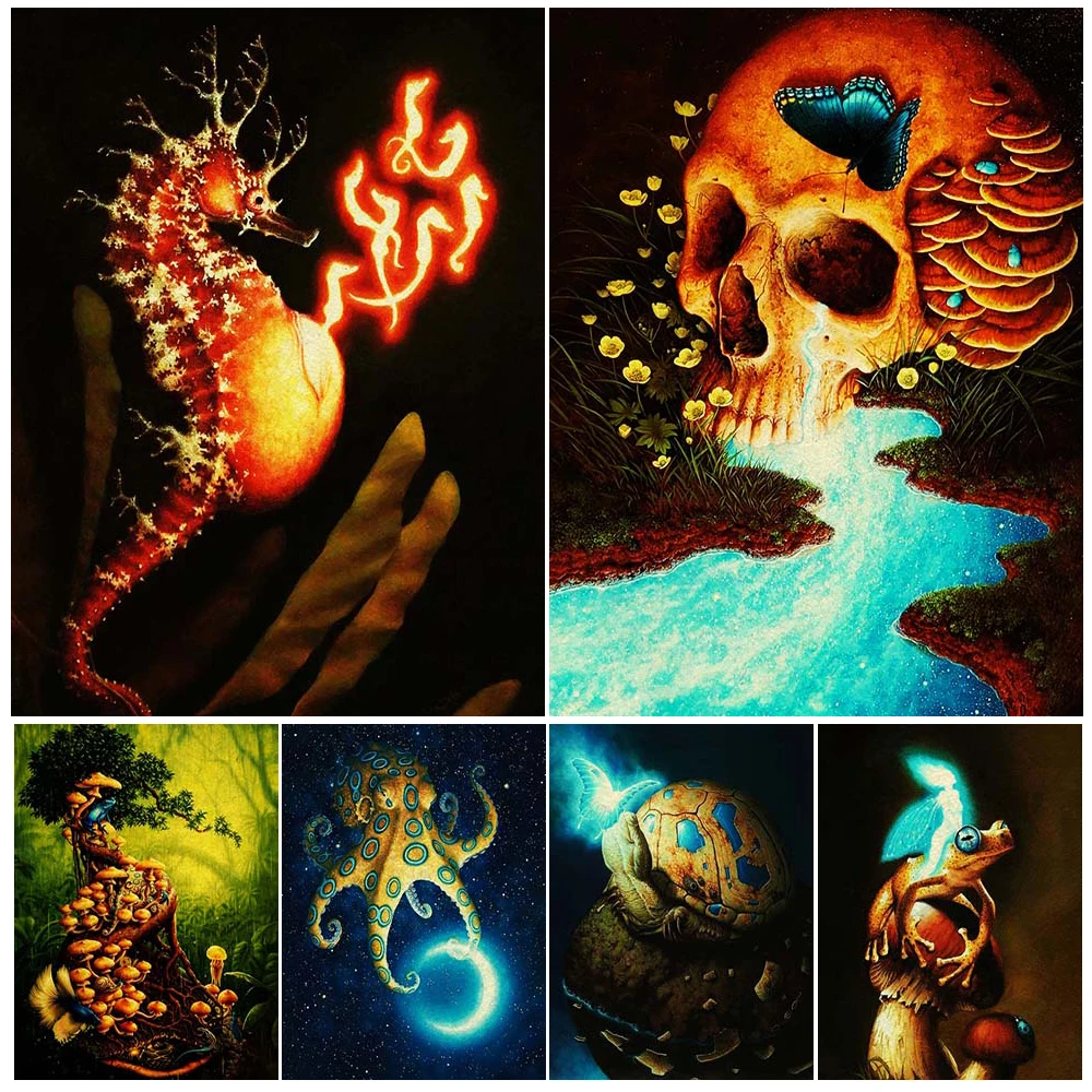 

The Seahorse That Gives Birth To New Life Wall Art Magic Creature Canvas Print Elf,Tree Frog And Mushroom Art Poster Print Decor