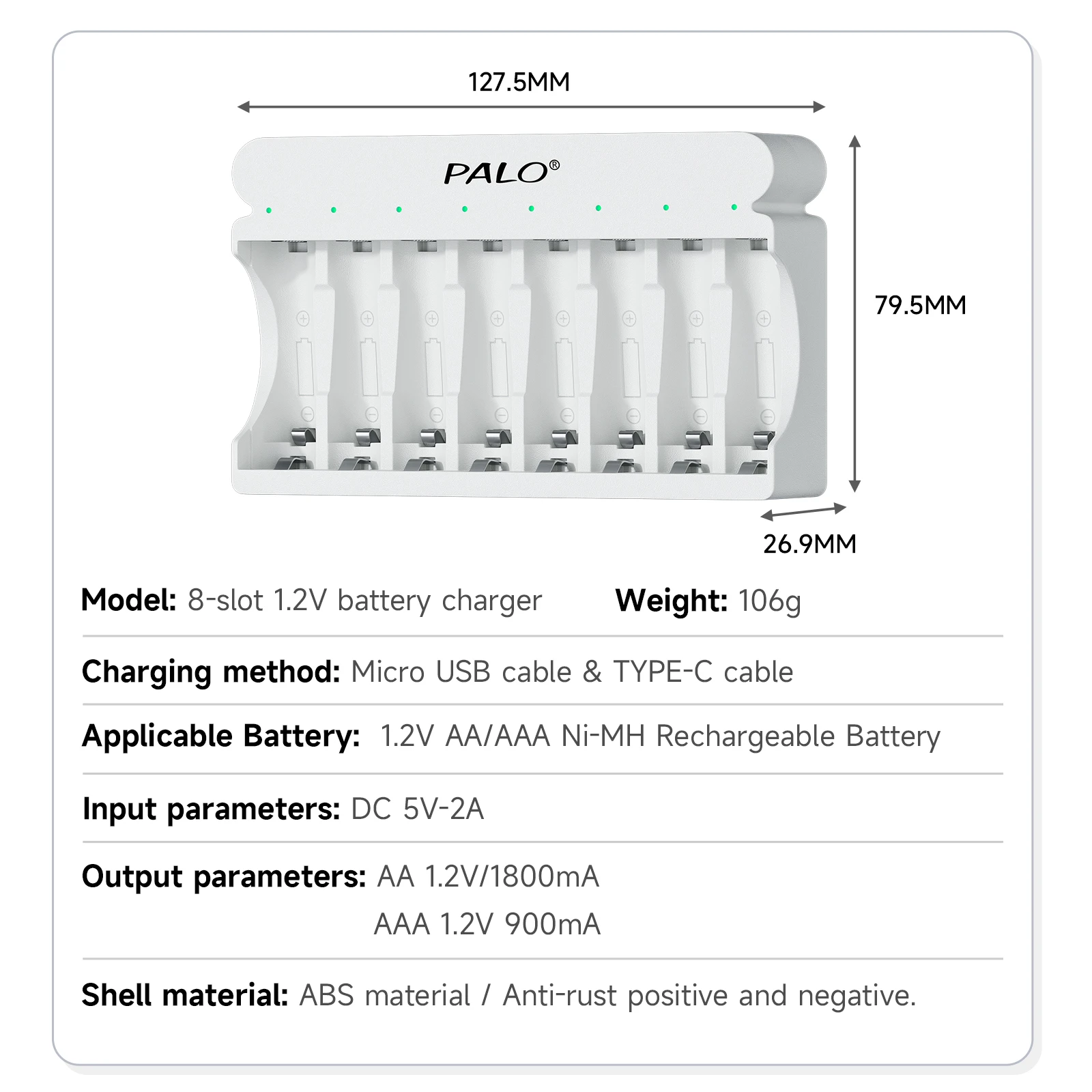 PALO AAA Rechargeable Battery 1.2V Ni-MH 3A Batteries for Camera Toy Car with 8-slots Smart Mix-Charge AA/AAA Battery Charger