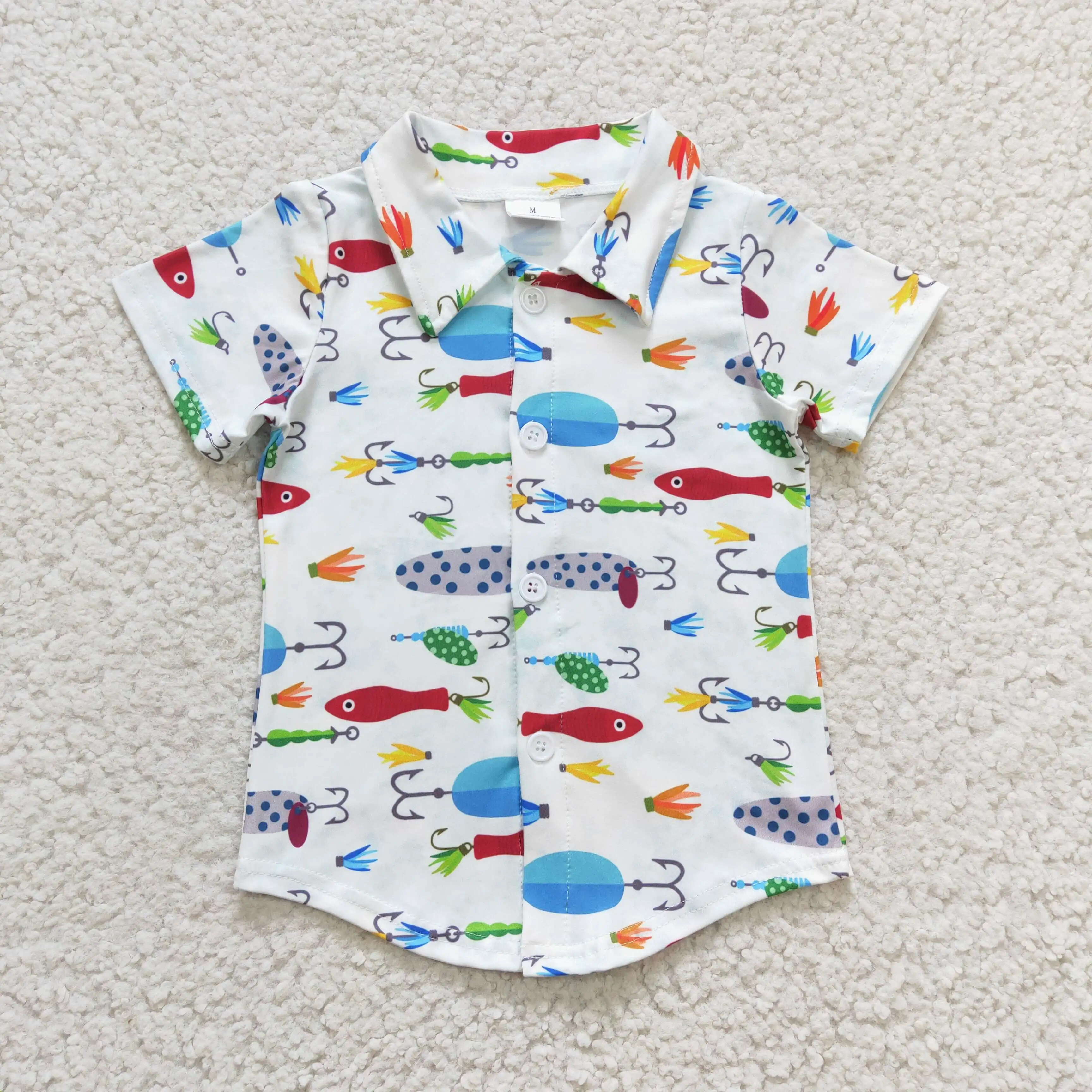 

z1125-07 BT0173 Boys Fishing White Short Sleeve Top Button Lapel Simple Casual Style Summer Kids Shirts