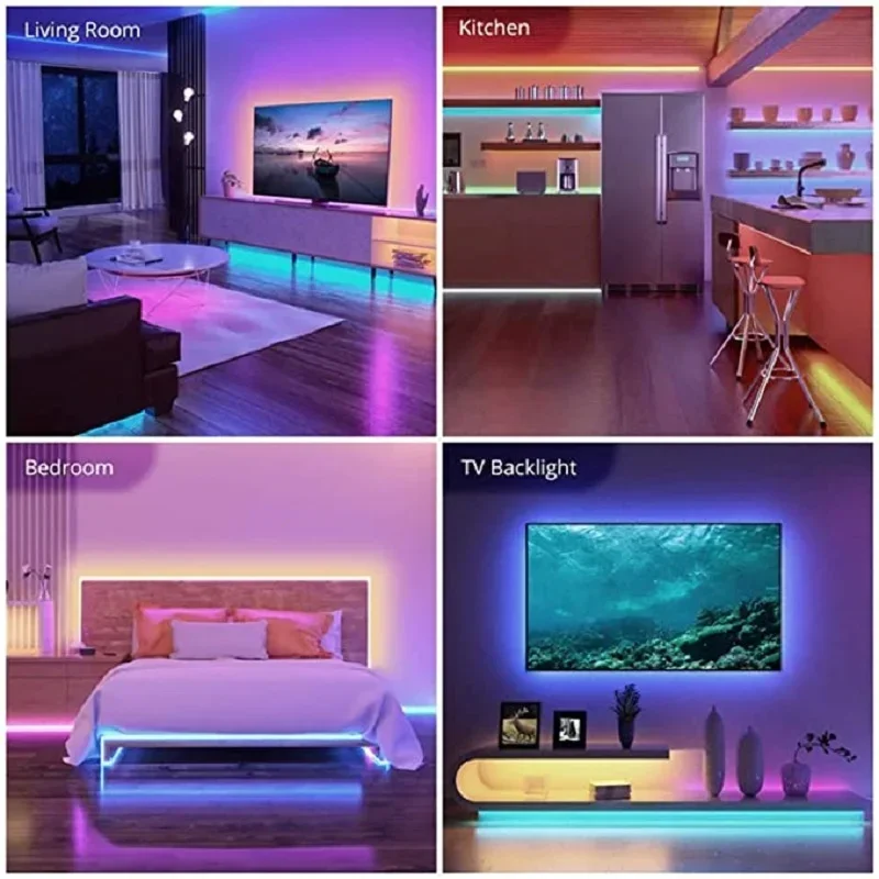 Luzes de tira LED para decoração do quarto, SMD 5050 RGB, fita LED, sincronização de música, controle remoto Bluetooth, DC 5V Neon Lights, TV Backlight, 100ft