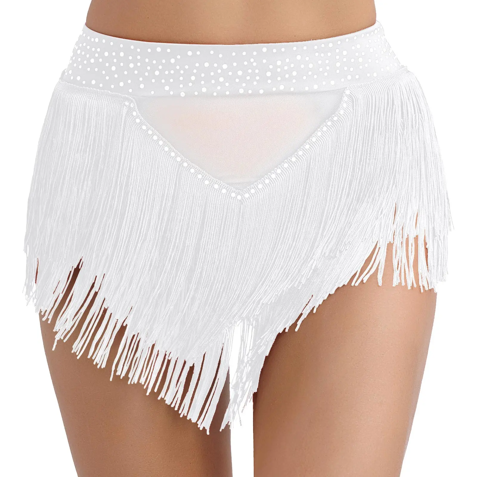 Womens Buikdans Kwastje Rokken Shorts Samba Latin Dancewear Hoge elastische doorzichtige mesh slips Glanzende strass bodems