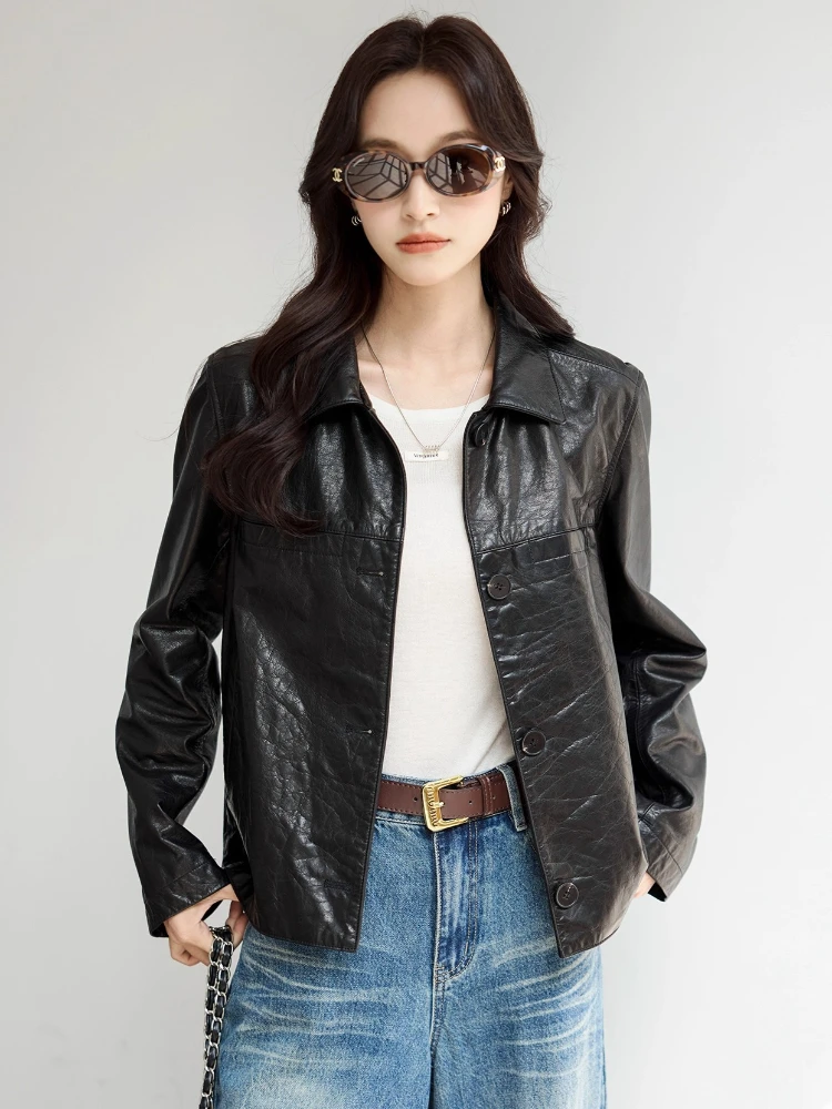 سترات دراجة نارية من الجلد الطبيعي باللون الأسود للنساء لربيع وخريف 2025 معطف جديد عالي الجودة بسيط وبسيط من جلد البقر الحقيقي #1