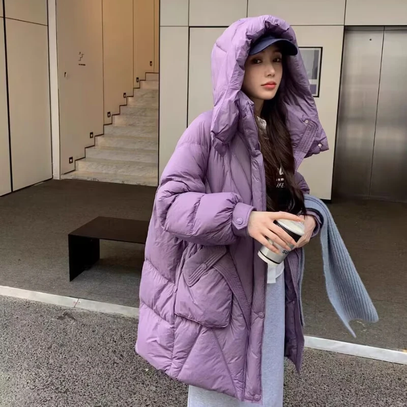 Chaqueta de plumón con capucha para mujer con bolsillo, abrigo largo, informal, versátil, lujoso, temperamento, ligero, nuevo, 2024