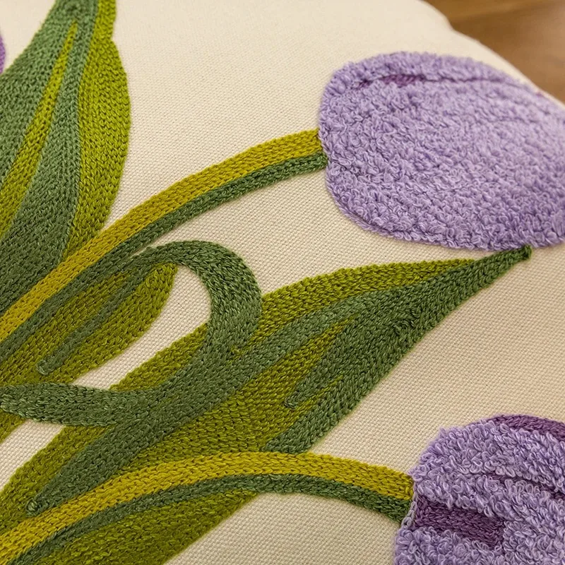 Embroidered Tulip Cotton Pillow Cover 6
