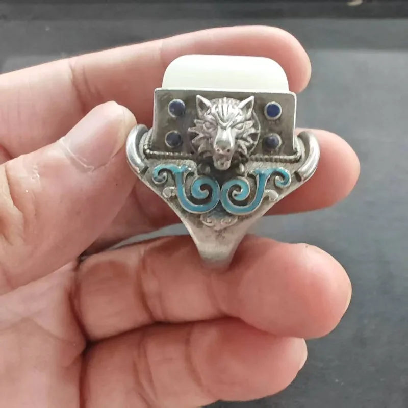 Vintage Silberfarbener Wolfskopfring, oval, Jade-Imitation mit blauer Emaille, Retro, chinesischer, offener, verstellbarer Unisex-Fingerschmuck – Detail 3