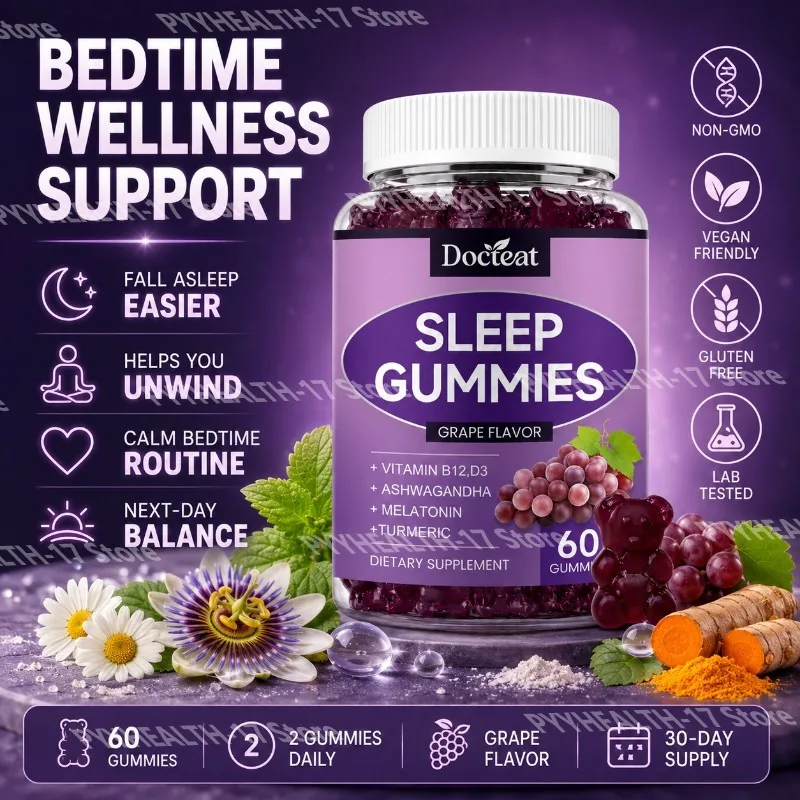 Docteat Sleep Gummies (Grape Flavor) with Melatonin L-Theanine and GABA for Healthy Sleep Onset and Mental Relaxation 60 Gummies