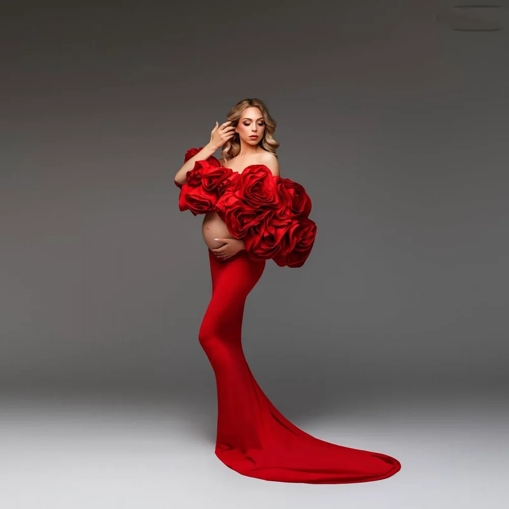

Elegance Red Maternity Dress Floral Top Skirt 2 Pieces Pregnant Gowns Off Shoulder Custom Made Baby Shower Maxi Dress Flower