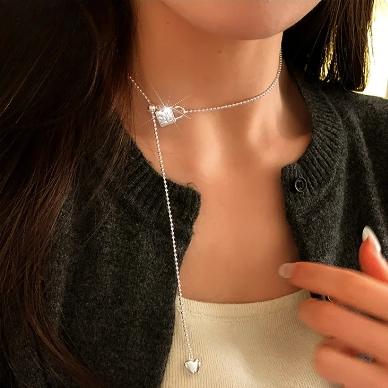 Personalized Y2k Round Bead Chain Small Lock Letter Pattern Pendant Necklace, Women's Fashion Trend Accessory Jewelry