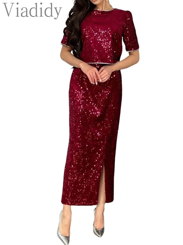 

Женский сексуальный однотонный пуловер с блестками и пайетками, топ с короткими рукавами и юбка-карандаш с высокой талией и боковым разрезом, комплект из 2 предметов