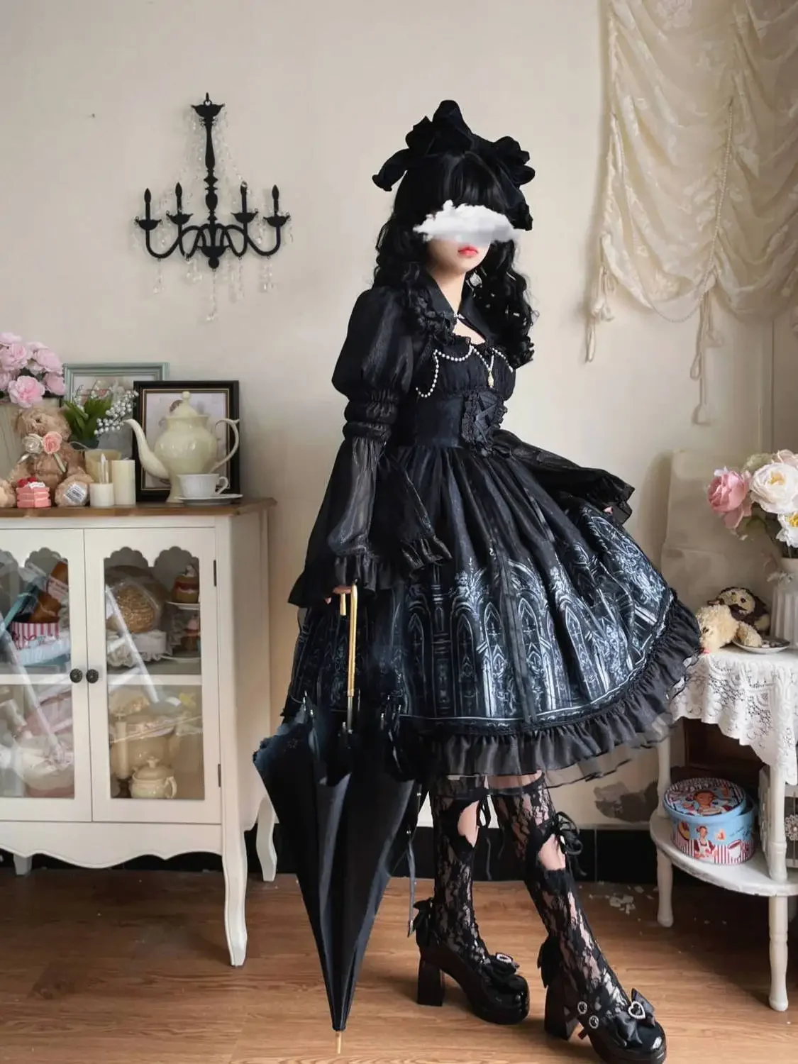 Lolita Costume Women Party Dress Pattern Skirt Court Style Female Black Long-Sleeved Exquisite Daily Elegant Dress