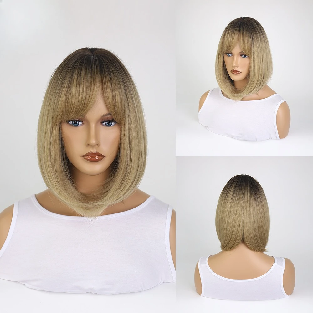 

European and American wigs female dyeing gradual change short hair eight-character bangs Bob wig cover black gold gradual change