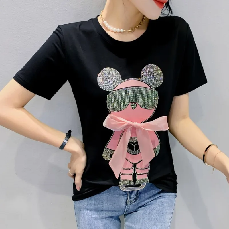 #5114 Black Green White Cute Cartoon Diamonds Short Sleeve T Shirt Women Slim Cotton Summer T-shirt Femme Printed Korean Fashion