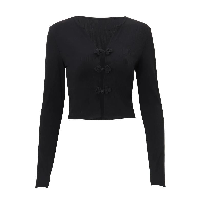 WhereMery Sexy V-neck Hollow Top Chinese Knot Long Sleeve Knitted Summer Slim Fit Waist T-shirt Top Party Nightclub 2024 Women