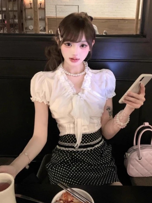

Summer New Style Pure Desire White Knot Top Polka Dot Halter Skirt Women's Fashion Set Breathable Medium Thickness ...