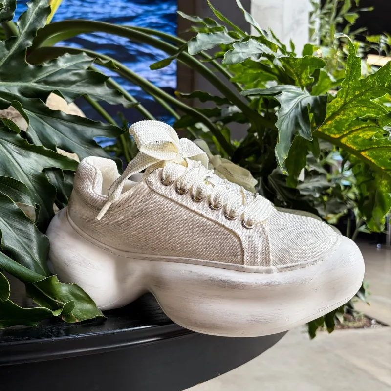 Handmade White Denim Thick Soled Platform Shoes Men's Vintage Fashion Height Increasing Trendy Work Walking Sport Shoes Male
