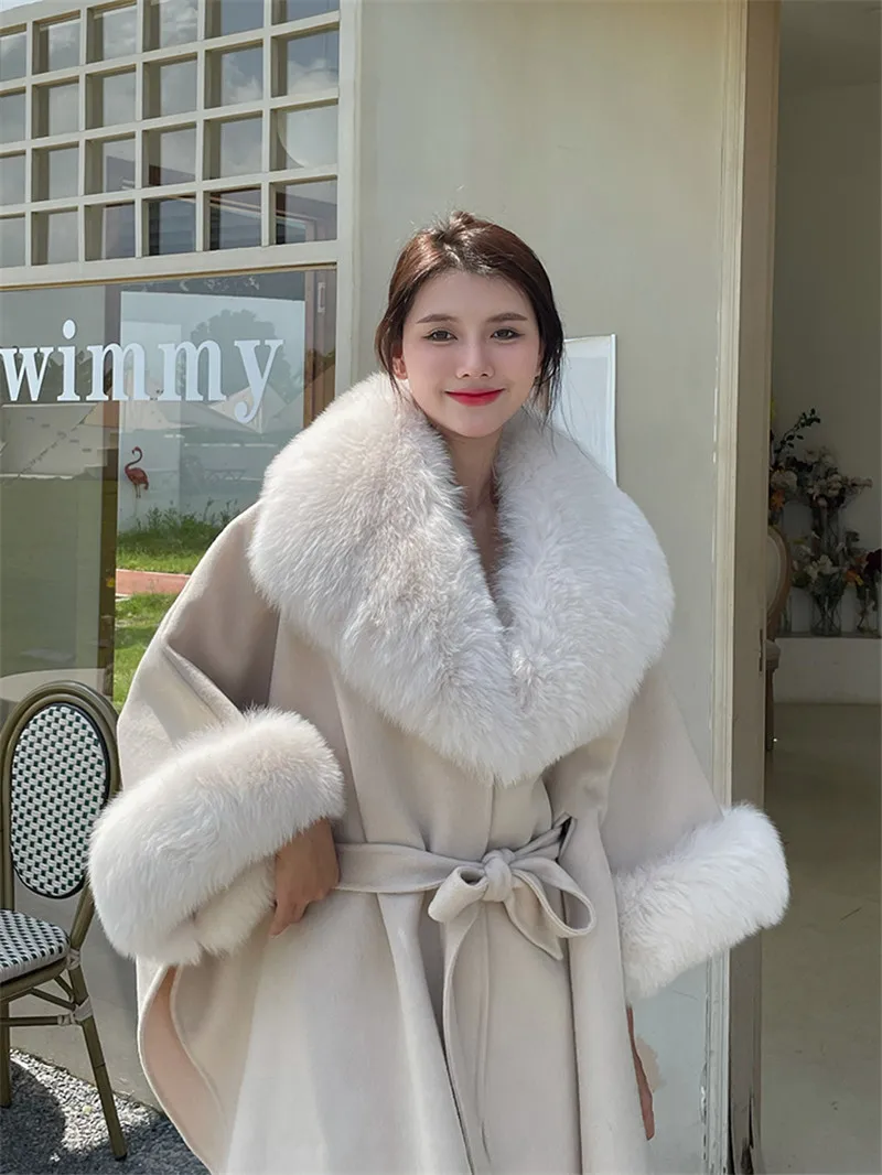 Ladies Cape Coat Solid Color Real Fox Fur Collar Autumn Winter Warm Loose Mid Length Poncho Jacket For Women Wool Blended Coat