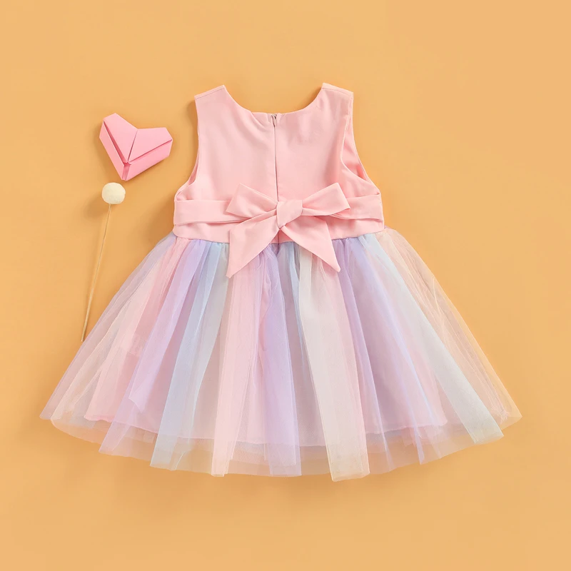 Toddler Kids Girls Princess Dress Sleeveless Bowknot Rainbow Color Tulle Tutu Dress Summer Birthday Party Pageant Dress