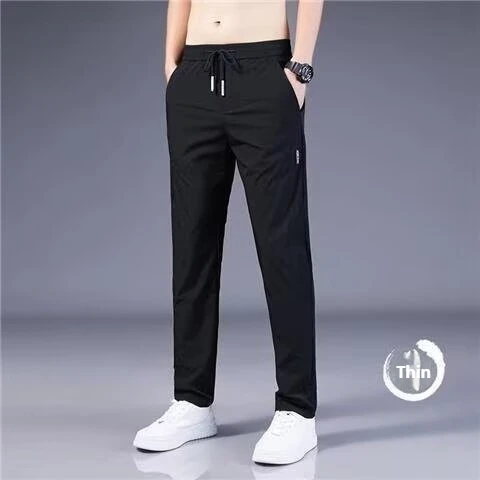 Men Ice Silk Quick Dry Cropped Pants Korean Trendy Loose Sports Slim Tapered Casual Daily Long Trousers
