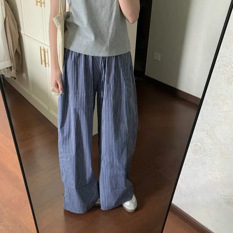 Deeptown Y2k Vintage Basic Striped Women's Casual Pants Elastic Waist Korean Fashion Slacks Loose Summer Trousers Streetwear