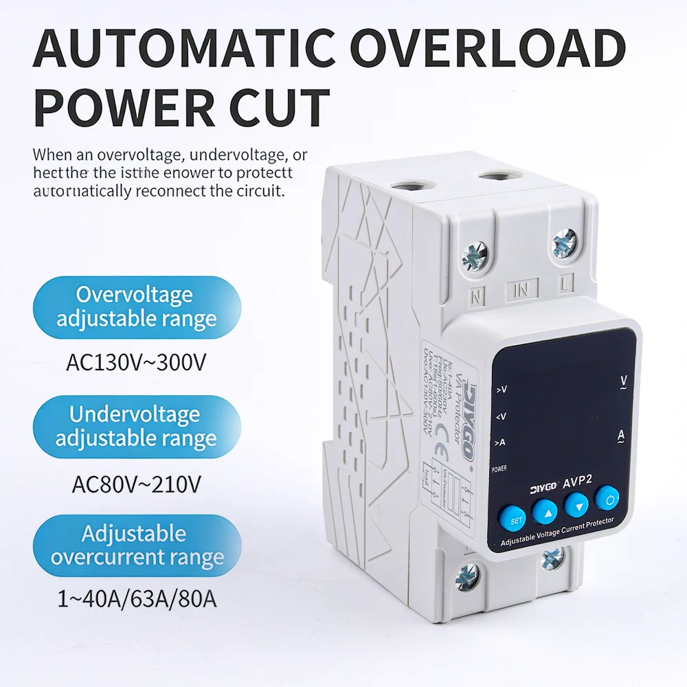 Adjustable Voltage Current Protector AVP2 40/63/80A Over Under Voltage Overload Protect Relay Din Rail Mount Voltmeter Ammeter