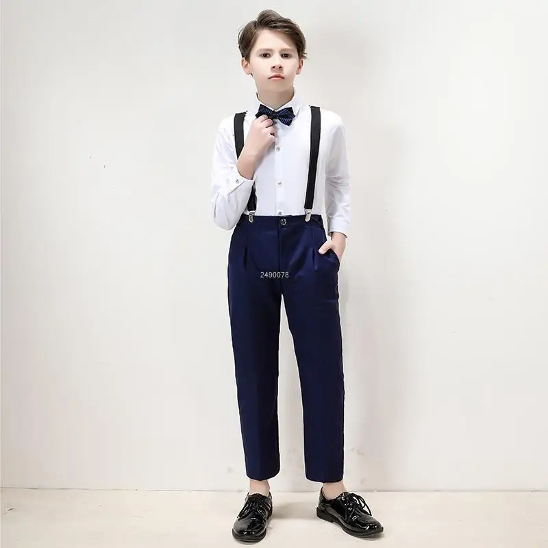 

Flower Boy Wedding Suit Kids Shirt Suspender Pants Bowtie 4PCS Party Photograph Set Teenager Tuxedo Dress Children Dance Costume