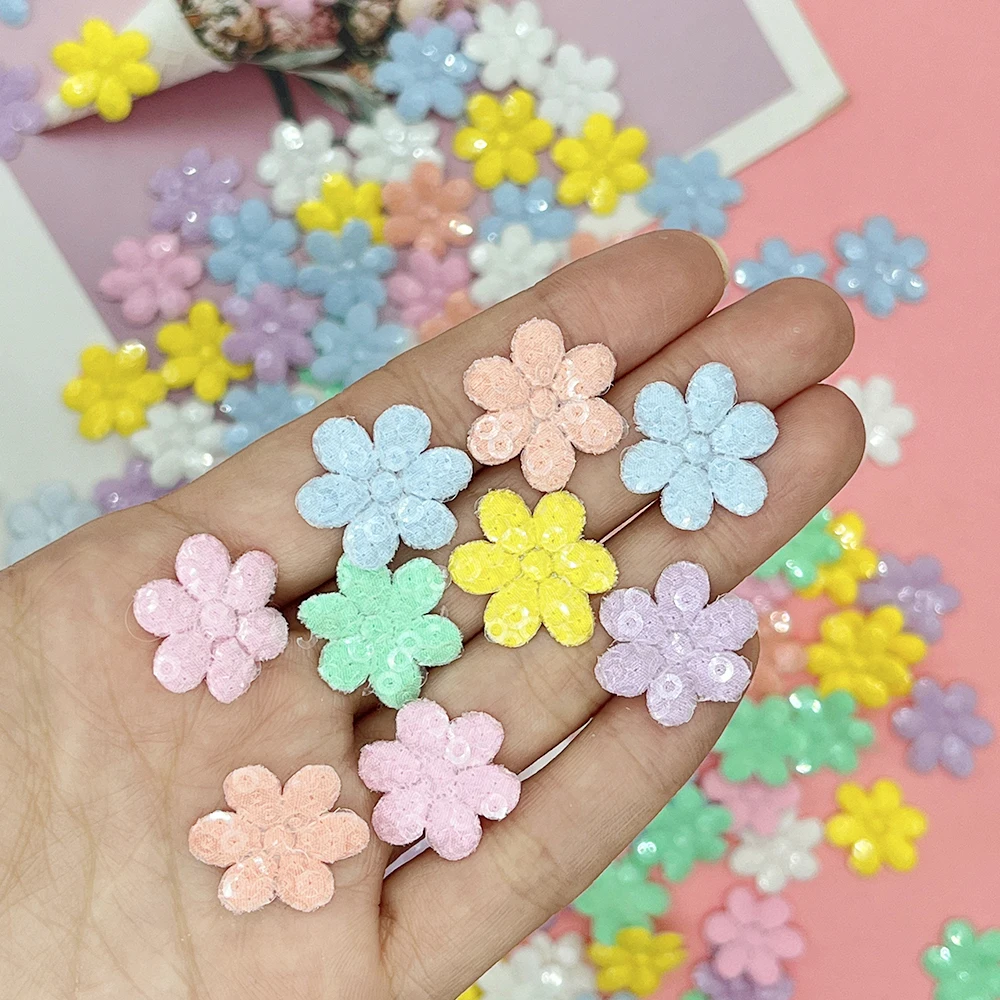 100Pcs Mix Cloth Fabric sequin Patches Spring Flower Appliques for Girl Clothes Craft Sewing Supplies DIY Clips Bow Card Making