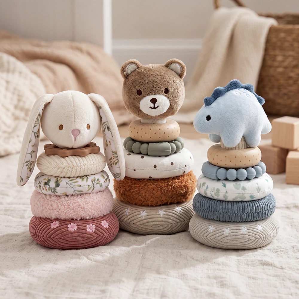 Wooden Bear Stacking Baby Toys Toys Plush Corduroy Base Animal Stacker for Fine Motor Skills Texture Discovery and Sorting Gifts