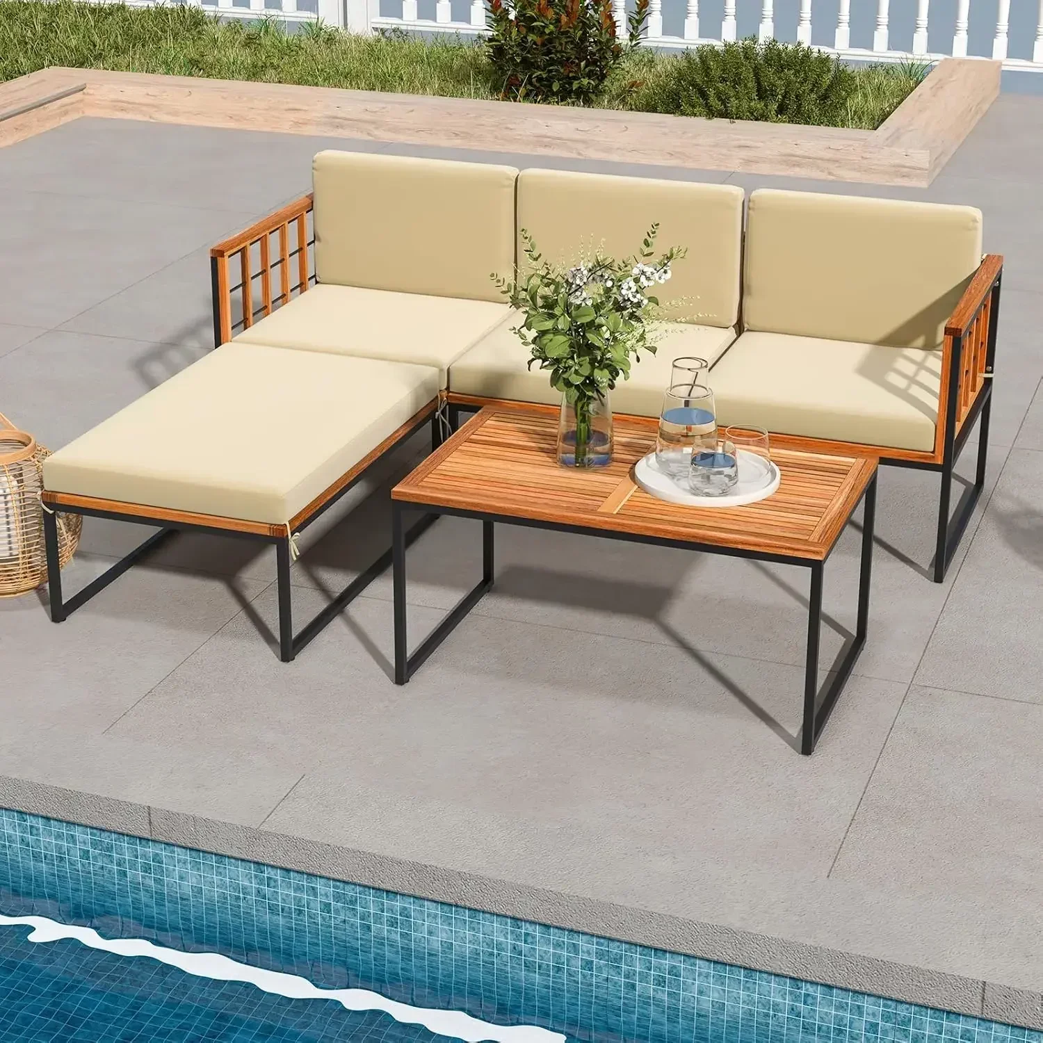 5 Piece Patio Furniture Set, Acacia Wood Sectional Set, Comfy Seat & Back Cushions, Outdoor Wood Conversation Chair Set (Beige)