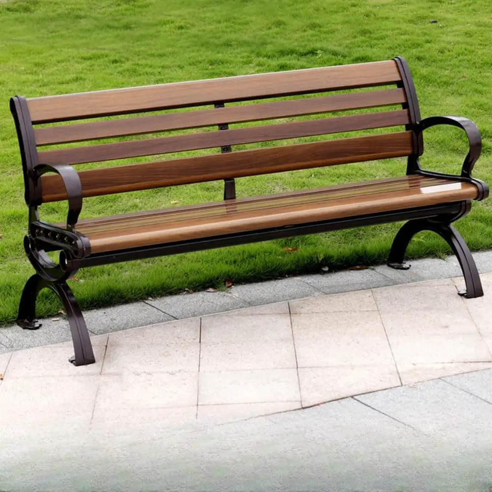 

Outdoor Bench Modern Park Bench with Corrosion Resistant Metal Frame, Dark Brown Wooden Seating with Backrest