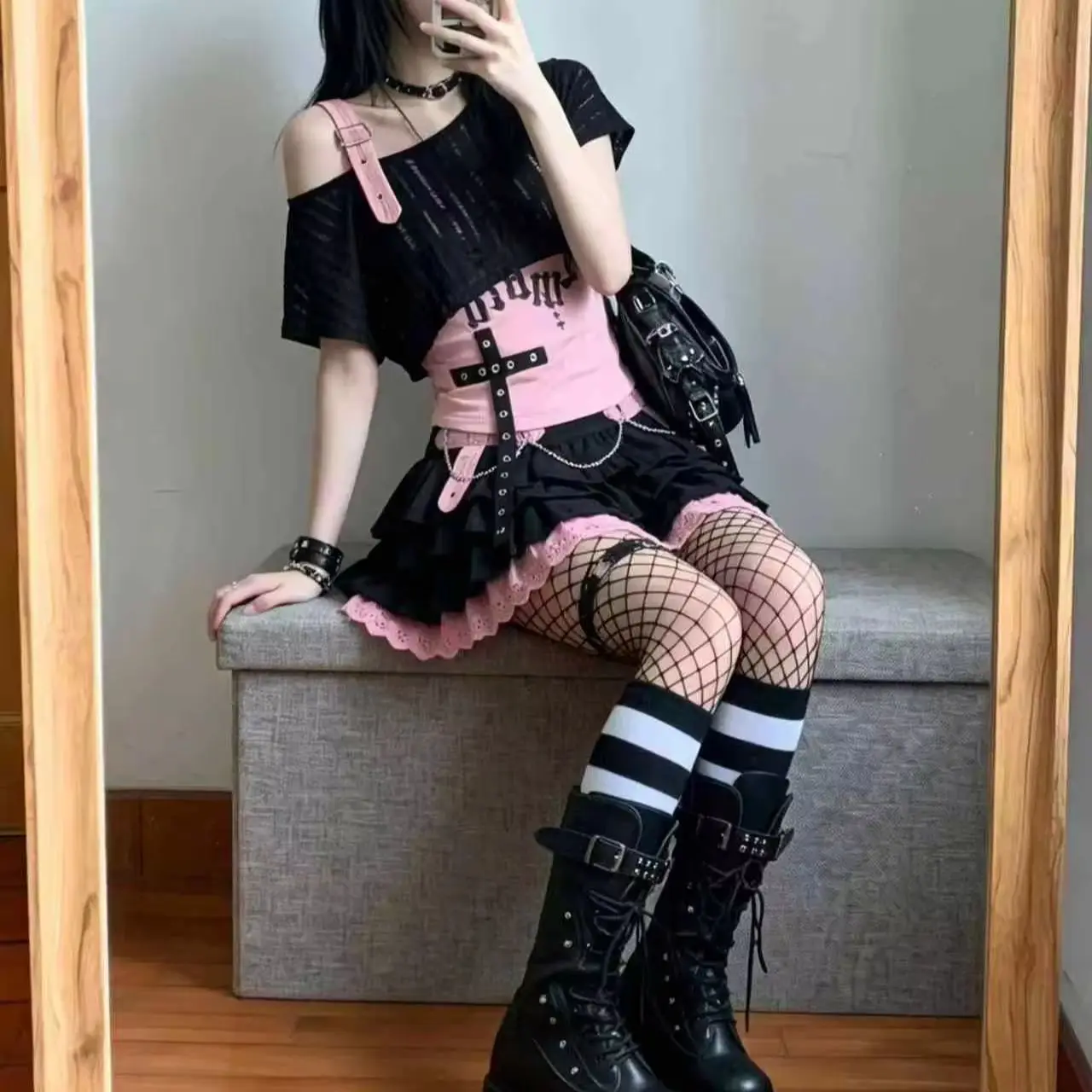 

Y2K Punk Harajuku Sweet Lolita Black Pink Off Shoulder Ruffle Lace Cross Tiered Mini Skirt 3 Piece Suits Women Girls Cosplay