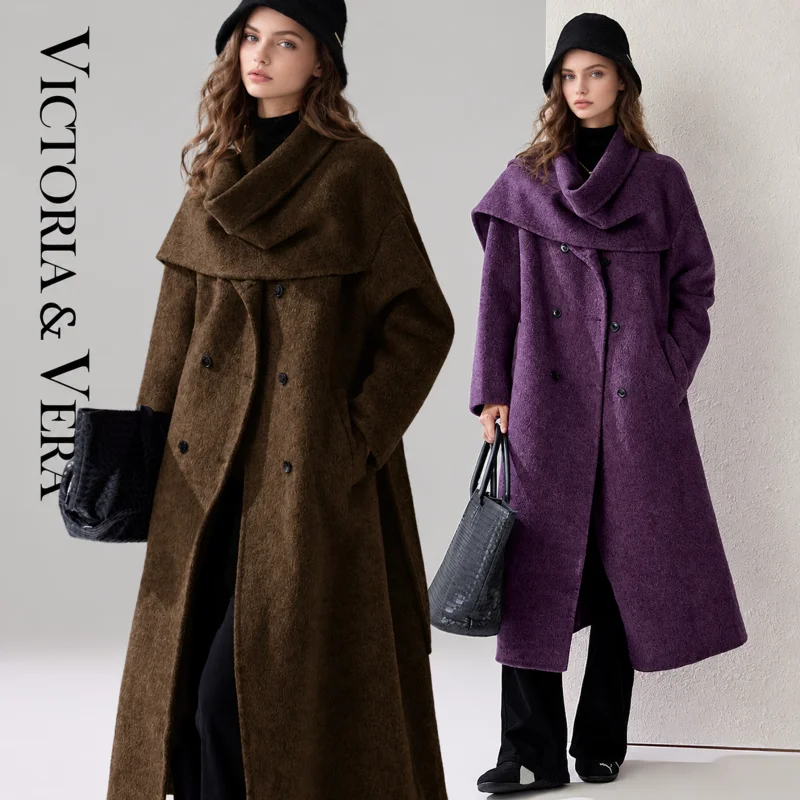 Women's Oversized Wrap Long Coat, Draped Cowl Collar Belted Maxi Winter Outerwear
